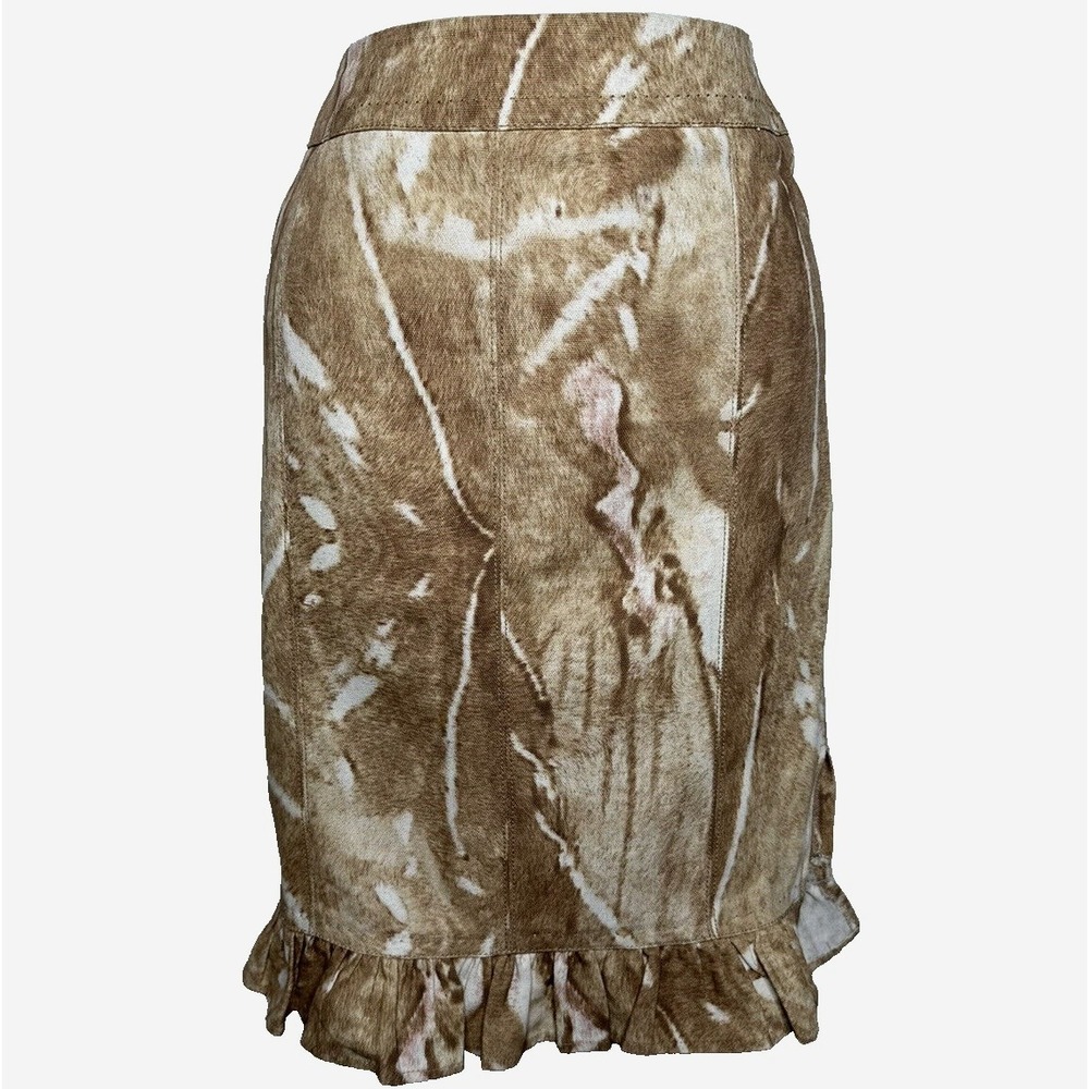 Max Mara Cotton Straight Skirt Brown Tan Marble Ruffle Hem Italy Size 10 IT 44